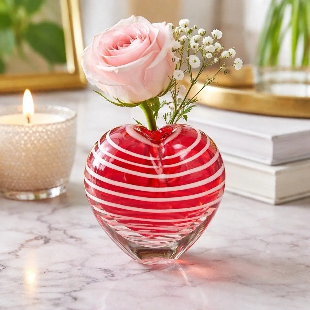 Murano Style Red & White Striped Art Glass Heart Bud Vase Paperweight 3.5